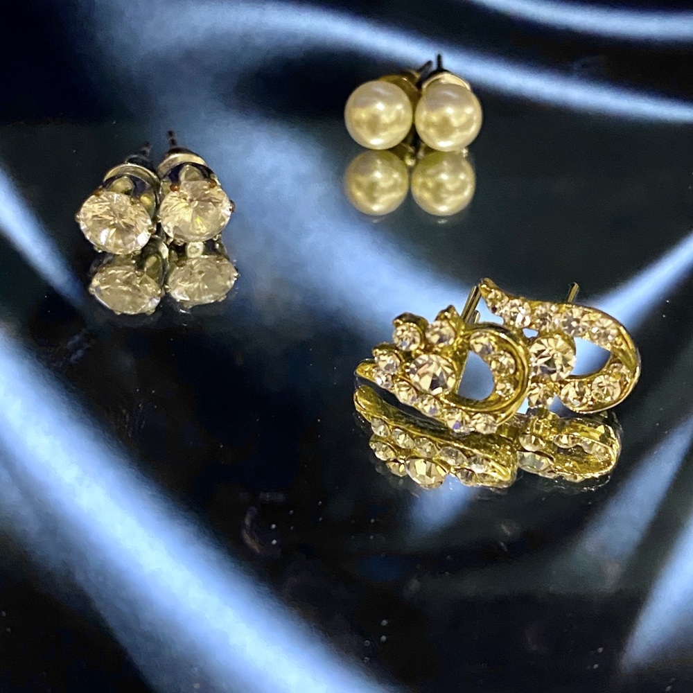 Set of 3 studs/earrings-Pearl, Rhinestone, Gold CZ